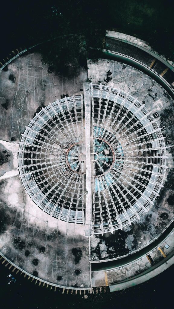 Overhead shot of unique circular architecture with geometric lines.